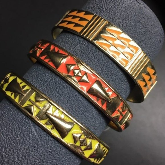 Forever 21 Bracelet Lot Of 3 Bangle Aztec Triangle Gold Orange Yellow Retro - Picture 1 of 3
